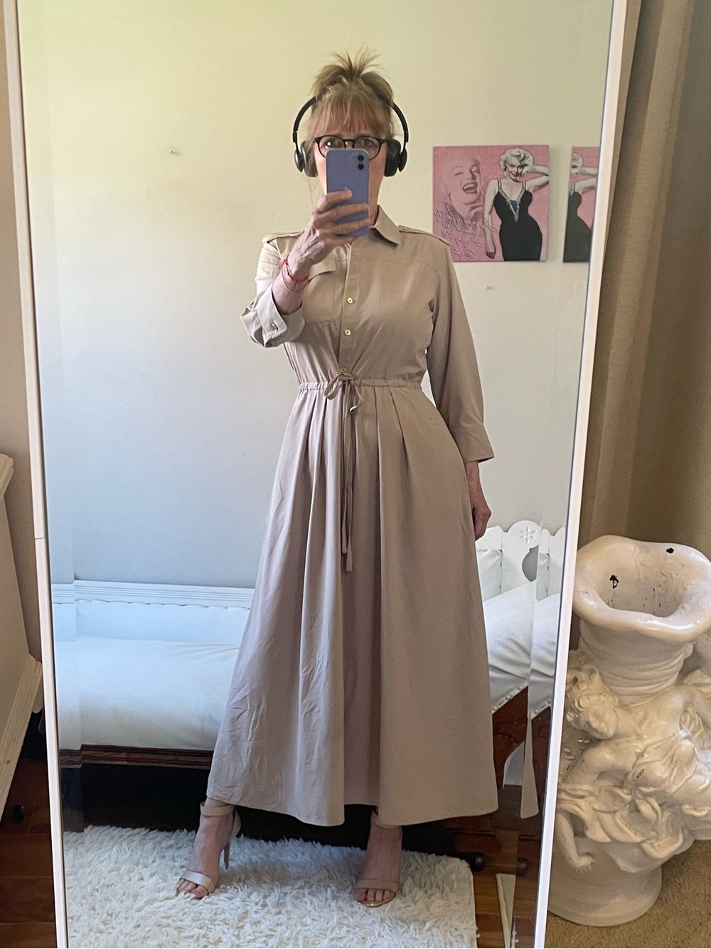 CALVIN KLEIN LONG SLEEVE KHAKI TAN BUTTON FRONT SHIRT DRESS ADJUSTABLE WAIST